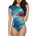 thumbnail image 1 of KLL Women 's Crew Neck Bodysuit Jumpsuits Aurora Borealis Village Print Short onesies Stretch T Shirts, 1 of 5