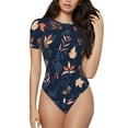 thumbnail image 1 of KLL Women 's Crew Neck Bodysuit Jumpsuits Autumn Leaves With Blue Print Short onesies Stretch T Shirts, 1 of 7