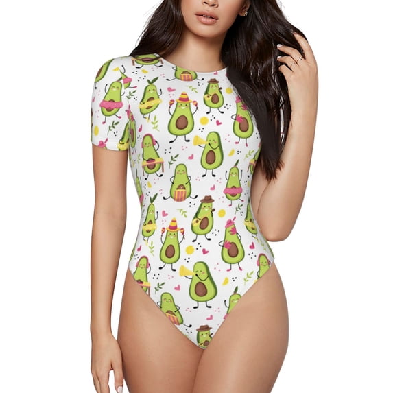 KLL Women 's Crew Neck Bodysuit Jumpsuits Avocado Playing Music Print Short onesies Stretch T Shirts