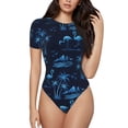 thumbnail image 1 of KLL Women 's Crew Neck Bodysuit Jumpsuits BLUE Flamingo Birds Print Short onesies Stretch T Shirts, 1 of 5