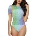 thumbnail image 1 of KLL Women 's Crew Neck Bodysuit Jumpsuits Beautiful Glitter Print Short onesies Stretch T Shirts, 1 of 7