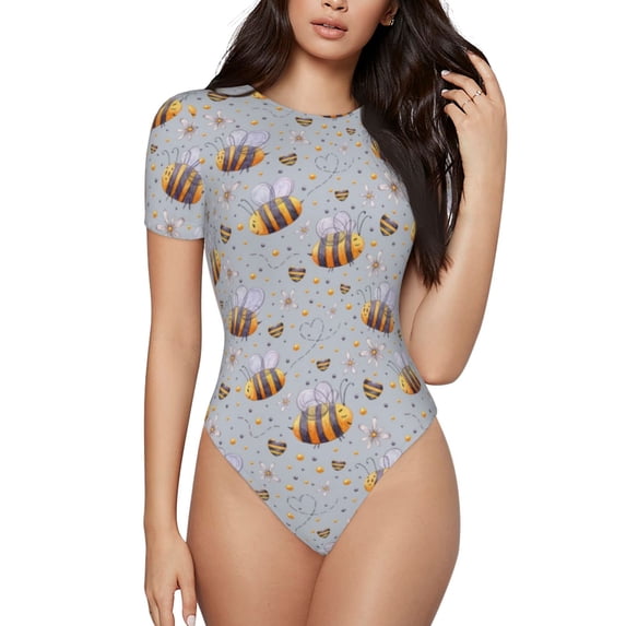 KLL Women 's Crew Neck Bodysuit Jumpsuits Bee Print Short onesies Stretch T Shirts