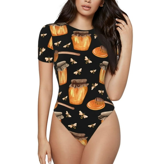 KLL Women 's Crew Neck Bodysuit Jumpsuits Bee and Honey Print Short onesies Stretch T Shirts