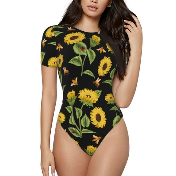 KLL Women 's Crew Neck Bodysuit Jumpsuits Bees and Sunflowers Print Short onesies Stretch T Shirts