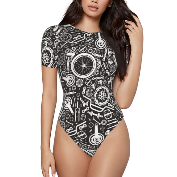KLL Women 's Crew Neck Bodysuit Jumpsuits Bicycles Parts Print Short onesies Stretch T Shirts
