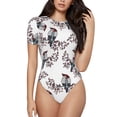 thumbnail image 1 of KLL Women 's Crew Neck Bodysuit Jumpsuits Bird Print Short onesies Stretch T Shirts, 1 of 7