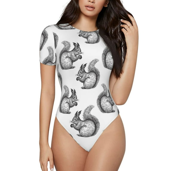 KLL Women 's Crew Neck Bodysuit Jumpsuits Black Squirrel Print Short onesies Stretch T Shirts