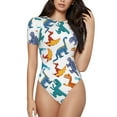 thumbnail image 1 of KLL Women 's Crew Neck Bodysuit Jumpsuits Block Dinosaur Print Short onesies Stretch T Shirts, 1 of 7