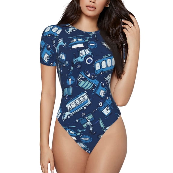 KLL Women 's Crew Neck Bodysuit Jumpsuits Blue Bus Print Short onesies Stretch T Shirts
