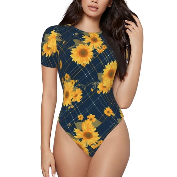 KLL Women 's Crew Neck Bodysuit Jumpsuits Blue Striped Sunflower A Print Short onesies Stretch T Shirts