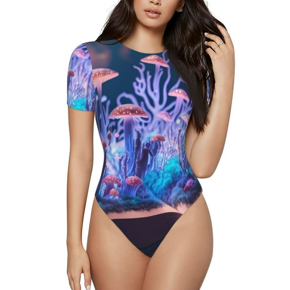 KLL Women 's Crew Neck Bodysuit Jumpsuits Book Glowing Mushrooms Print Short onesies Stretch T Shirts