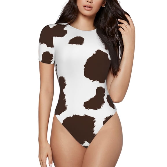 KLL Women 's Crew Neck Bodysuit Jumpsuits Brown Cow Print Short onesies Stretch T Shirts