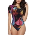 thumbnail image 1 of KLL Women 's Crew Neck Bodysuit Jumpsuits Cartoon Big-Eyed Dog Print Short onesies Stretch T Shirts, 1 of 5