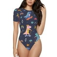 thumbnail image 1 of KLL Women 's Crew Neck Bodysuit Jumpsuits Cartoon Dinosaur Scooter Sport Blue Print Short onesies Stretch T Shirts, 1 of 1