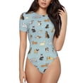 thumbnail image 1 of KLL Women 's Crew Neck Bodysuit Jumpsuits Cartoon Doodle Puppy Print Short onesies Stretch T Shirts, 1 of 5