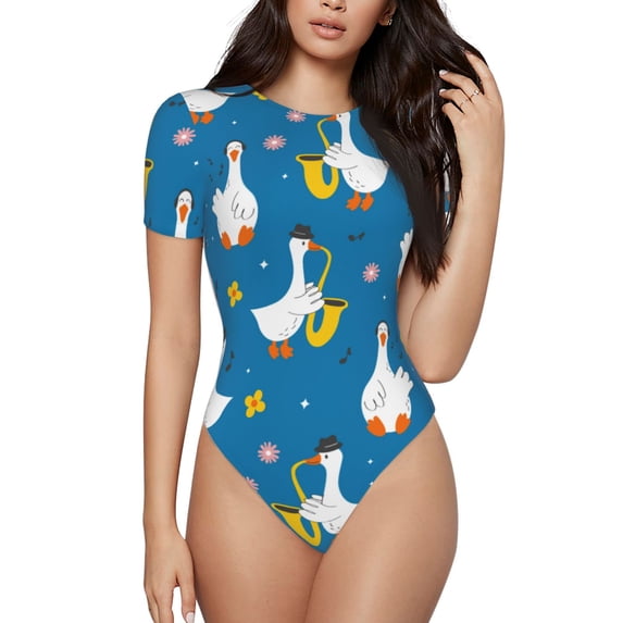 KLL Women 's Crew Neck Bodysuit Jumpsuits Cartoon Goose Print Short onesies Stretch T Shirts