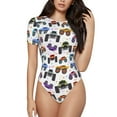 thumbnail image 1 of KLL Women 's Crew Neck Bodysuit Jumpsuits Cartoon Monster Trucks1 Print Short onesies Stretch T Shirts, 1 of 7