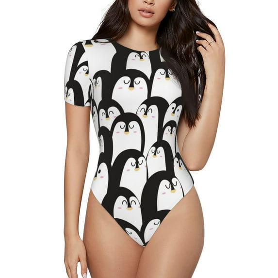 KLL Women 's Crew Neck Bodysuit Jumpsuits Cartoon Penguin Print Short onesies Stretch T Shirts
