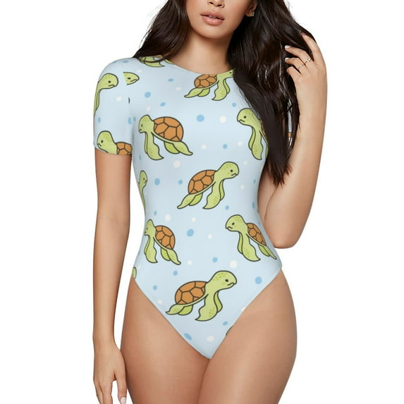 KLL Women 's Crew Neck Bodysuit Jumpsuits Cartoon Sea Turtle Print Short onesies Stretch T Shirts