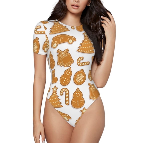 KLL Women 's Crew Neck Bodysuit Jumpsuits Christmas Elements Print Short onesies Stretch T Shirts