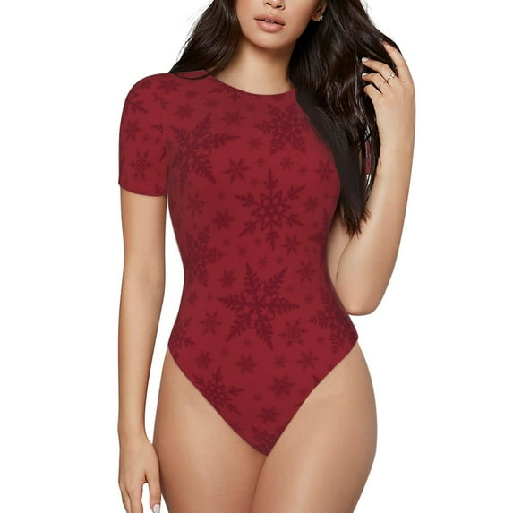 KLL Women 's Crew Neck Bodysuit Jumpsuits Christmas Red Snowflakes Print Short onesies Stretch T Shirts