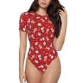 thumbnail image 1 of KLL Women 's Crew Neck Bodysuit Jumpsuits Christmas Santa Cartoon Snowman A Print Short onesies Stretch T Shirts, 1 of 5