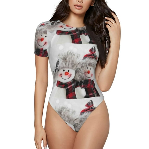 KLL Women 's Crew Neck Bodysuit Jumpsuits Christmas Snowman With Hat Print Short onesies Stretch T Shirts
