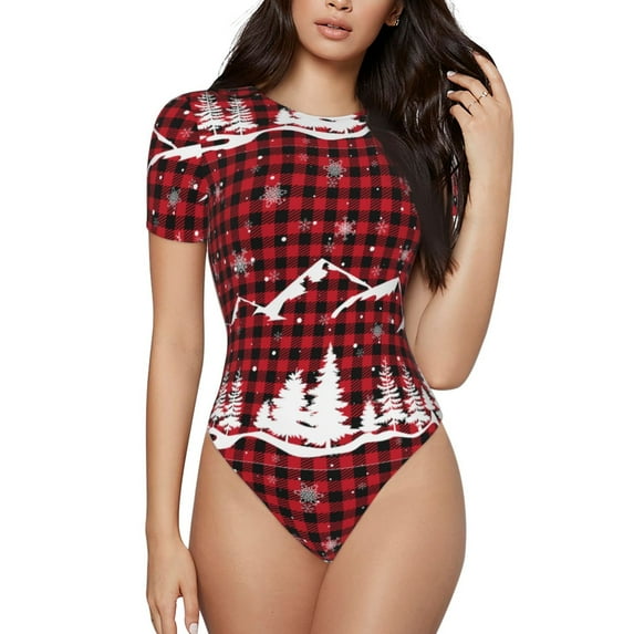 KLL Women 's Crew Neck Bodysuit Jumpsuits Christmas Tree Buffalo Plaid Print Short onesies Stretch T Shirts