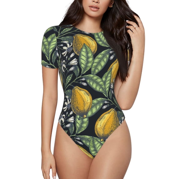 KLL Women 's Crew Neck Bodysuit Jumpsuits Citrus Fruits Elegant Lemons Print Short onesies Stretch T Shirts