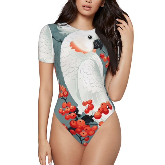 KLL Women 's Crew Neck Bodysuit Jumpsuits Cockatoo Red Berries Print Short onesies Stretch T Shirts