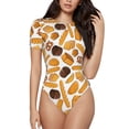 thumbnail image 1 of KLL Women 's Crew Neck Bodysuit Jumpsuits Coffee Bun Hot Dog Print Short onesies Stretch T Shirts, 1 of 7