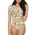 thumbnail image 1 of KLL Women 's Crew Neck Bodysuit Jumpsuits Coffee Donuts Print Short onesies Stretch T Shirts, 1 of 7