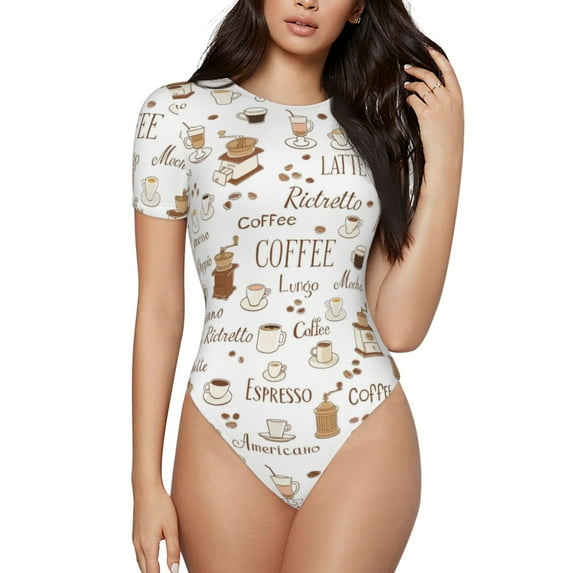 KLL Women 's Crew Neck Bodysuit Jumpsuits Coffee Print Short onesies Stretch T Shirts