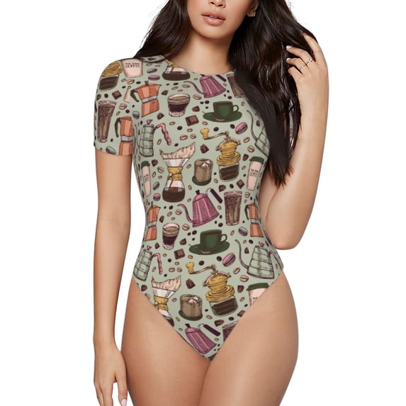 KLL Women 's Crew Neck Bodysuit Jumpsuits Coffee pots cup Print Short onesies Stretch T Shirts