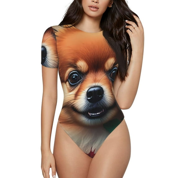 KLL Women 's Crew Neck Bodysuit Jumpsuits Colorful Leaf Chihuahua Print Short onesies Stretch T Shirts