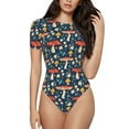 thumbnail image 1 of KLL Women 's Crew Neck Bodysuit Jumpsuits Colorful Mushrooms Print Short onesies Stretch T Shirts, 1 of 1