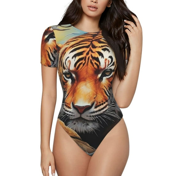 KLL Women 's Crew Neck Bodysuit Jumpsuits Colorful Plant Tiger Print Short onesies Stretch T Shirts