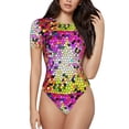 thumbnail image 1 of KLL Women 's Crew Neck Bodysuit Jumpsuits Colorful Tie Dye Stained Glass 3 Print Short onesies Stretch T Shirts, 1 of 7