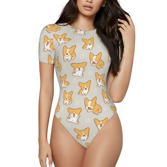 KLL Women 's Crew Neck Bodysuit Jumpsuits Corgi Dog Print Short onesies Stretch T Shirts