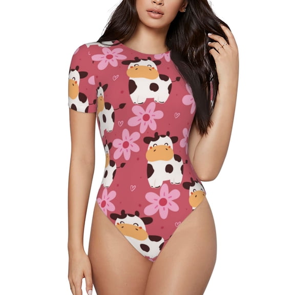 KLL Women 's Crew Neck Bodysuit Jumpsuits Cow And Flower Print Short onesies Stretch T Shirts