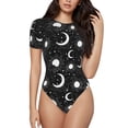 thumbnail image 1 of KLL Women 's Crew Neck Bodysuit Jumpsuits Crescent and Stars Print Short onesies Stretch T Shirts, 1 of 7