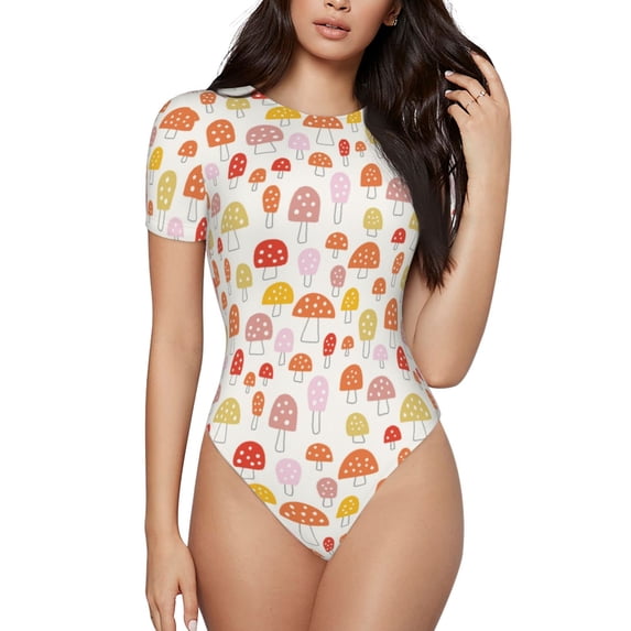 KLL Women 's Crew Neck Bodysuit Jumpsuits Cute Cartoon Mushrooms Print Short onesies Stretch T Shirts