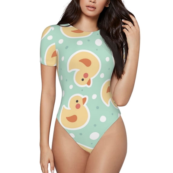 KLL Women 's Crew Neck Bodysuit Jumpsuits Cute Duck Print Short onesies Stretch T Shirts