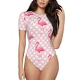 thumbnail image 1 of KLL Women 's Crew Neck Bodysuit Jumpsuits Cute Flamingo with Heart Print Short onesies Stretch T Shirts, 1 of 7