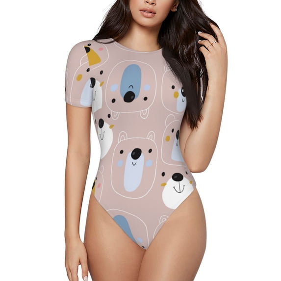 KLL Women 's Crew Neck Bodysuit Jumpsuits Cute Hand Drawn Bear Print Short onesies Stretch T Shirts