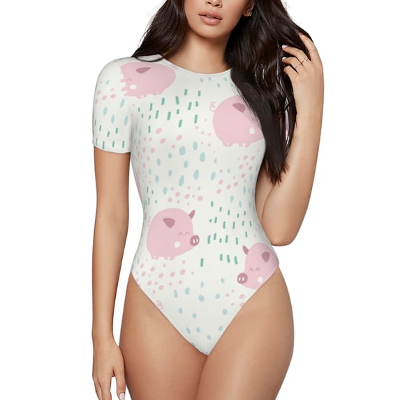KLL Women 's Crew Neck Bodysuit Jumpsuits Cute Pigs Print Short onesies Stretch T Shirts