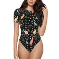 thumbnail image 1 of KLL Women 's Crew Neck Bodysuit Jumpsuits Cute Rabbit And Flower Print Short onesies Stretch T Shirts, 1 of 7