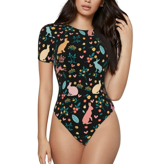KLL Women 's Crew Neck Bodysuit Jumpsuits Cute Rabbit And Flower Print Short onesies Stretch T Shirts