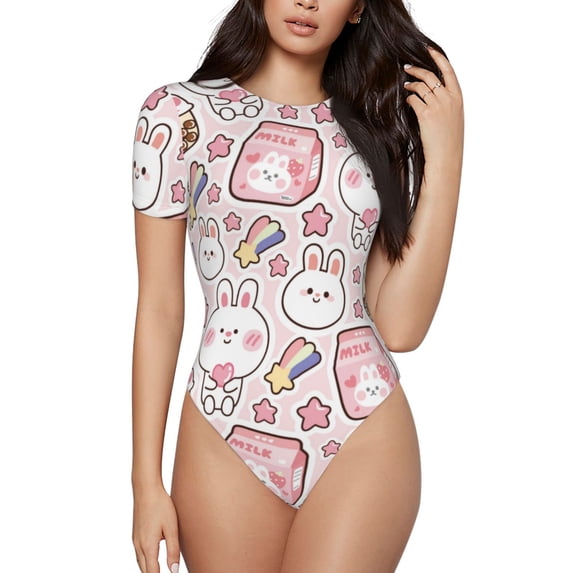 KLL Women 's Crew Neck Bodysuit Jumpsuits Cute Rabbit Print Short onesies Stretch T Shirts