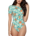 thumbnail image 1 of KLL Women 's Crew Neck Bodysuit Jumpsuits Cute Sloth on Floral Tree Print Short onesies Stretch T Shirts, 1 of 7